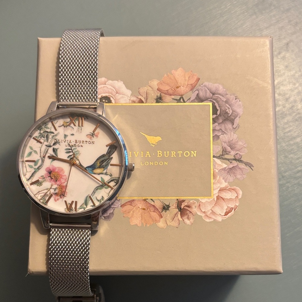 Olivia Burton Silver Mesh Strap Floral Watch